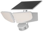 Бял соларен LED прожектор със сензор за движение и две регулируеми LED светлини.