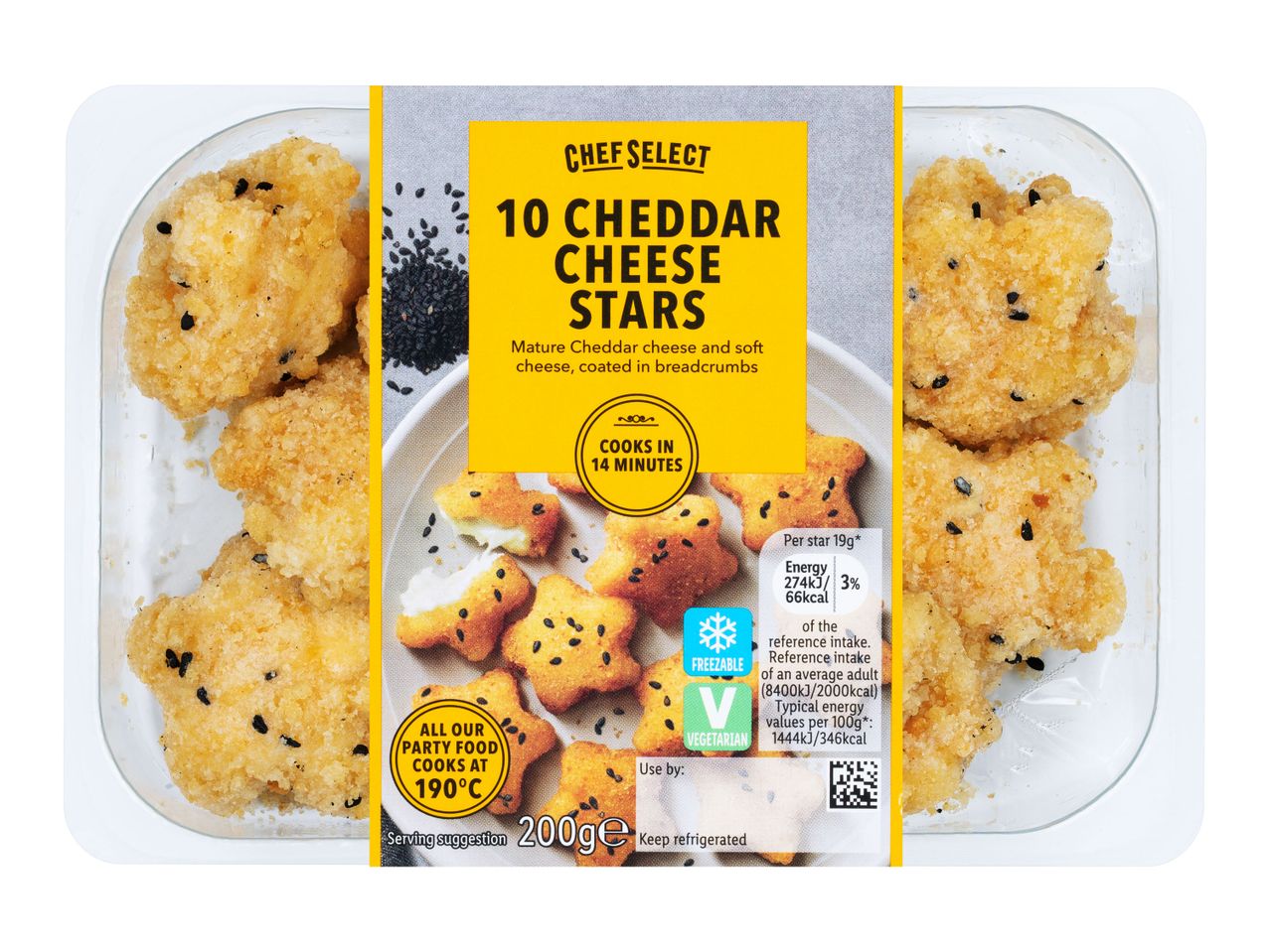 Chef Select 10 Cheddar Cheese Stars, mature cheddar and soft cheese coated in breadcrumbs.