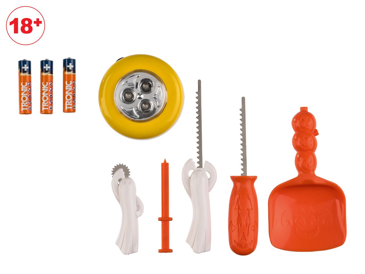 Halloween pumpkin carving kit with batteries and a flashlight.