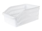 A white plastic storage basket with a slanted front for easy access.