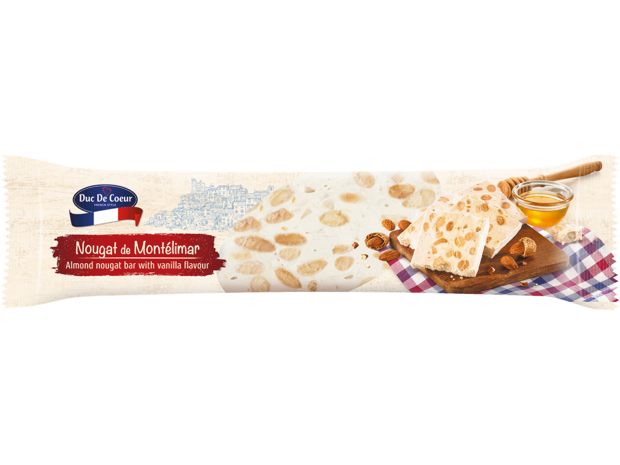 Nougat bar with almonds and vanilla flavor, with a French village illustration.