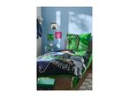 Green and black duvet cover and pillow with 'Survival Mode' text, on a bed in a child's room.
