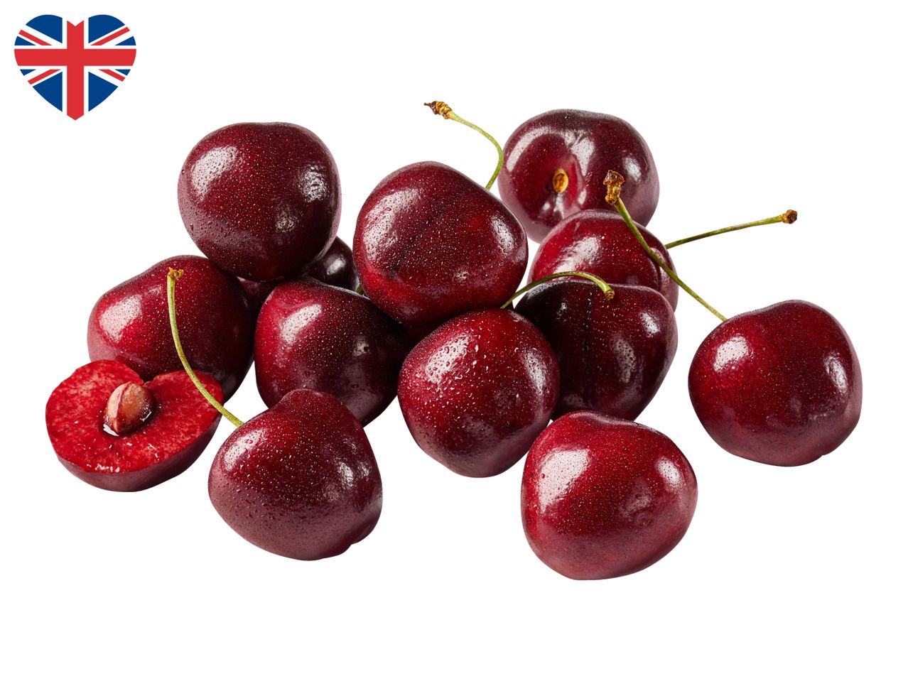 Fresh red cherries with water droplets, one cut open, and a heart-shaped Union Jack flag.