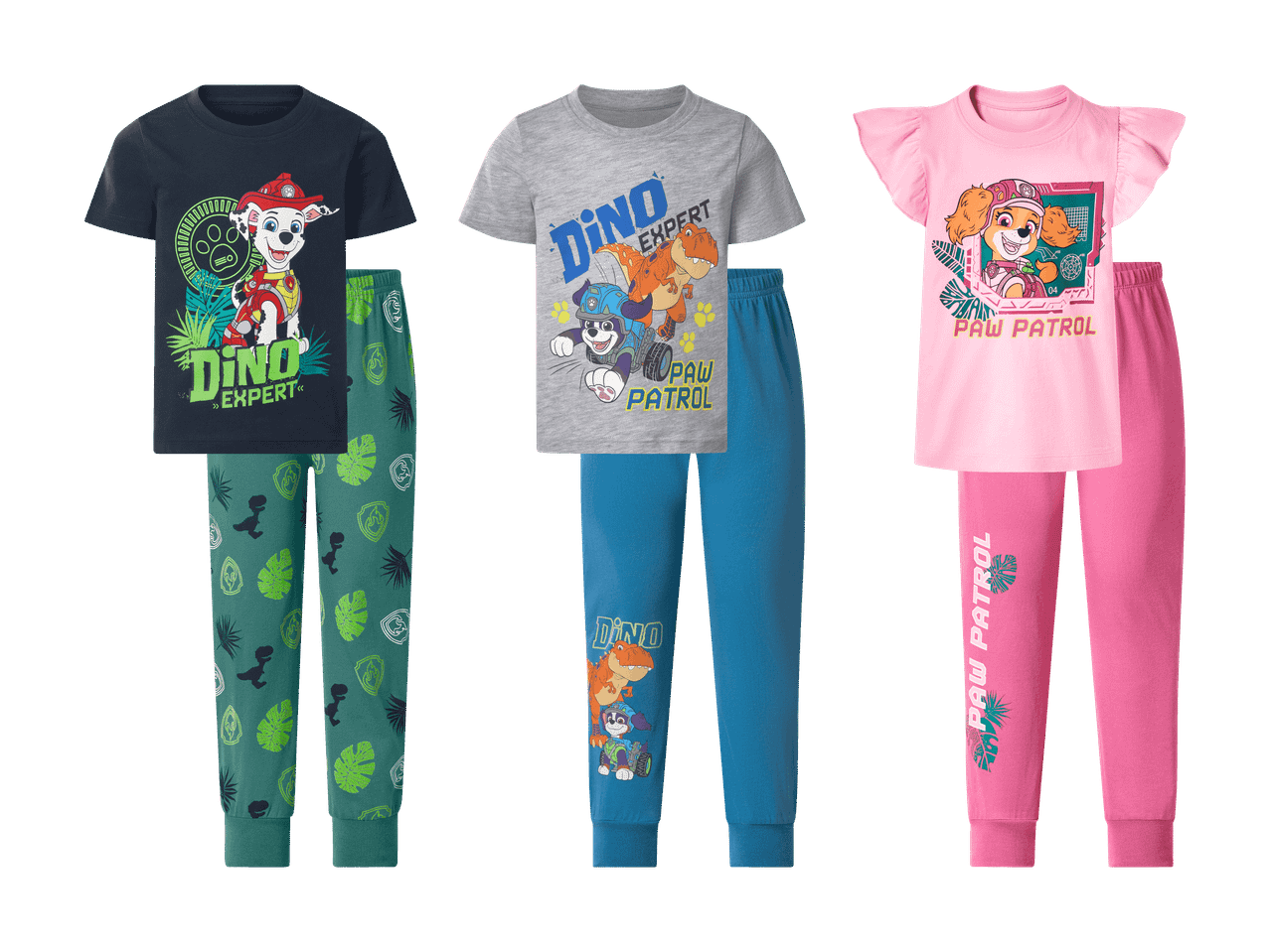 Trois ensembles de pyjamas pour enfants sur le thème des dinosaures et des chiots, avec des hauts et des bas assortis.