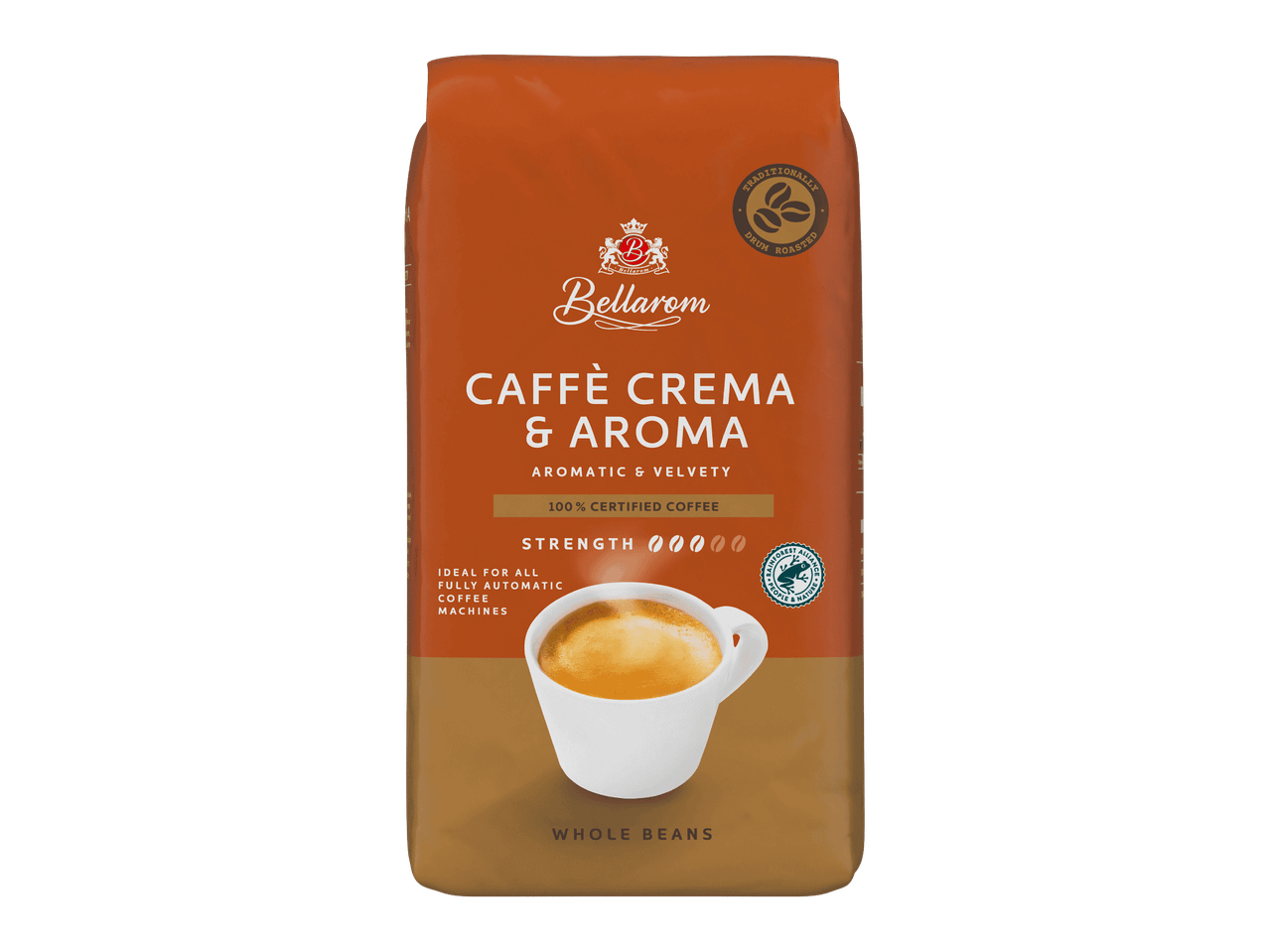 Oranssi kahvipakkaus, jossa on kuppi kahvia ja tekstiä, kuten 'Caffè Crema & Aroma' ja 'Whole Beans'.