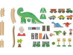 Ensemble de jeu en bois sur le thème des dinosaures, comprenant des rails, des véhicules et des figurines.