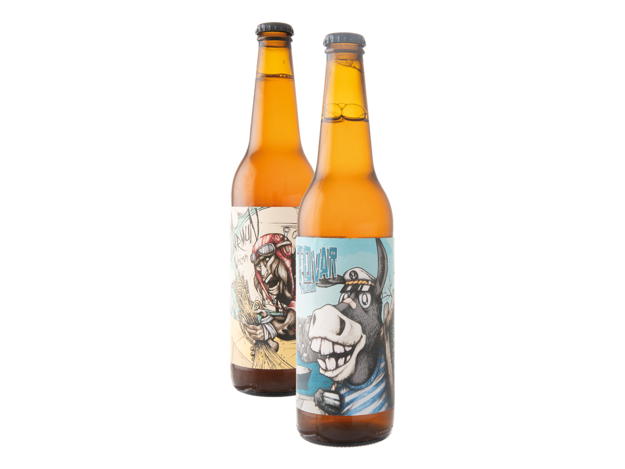 Dvije boce piva s ilustracijama životinja u crtanom stilu.