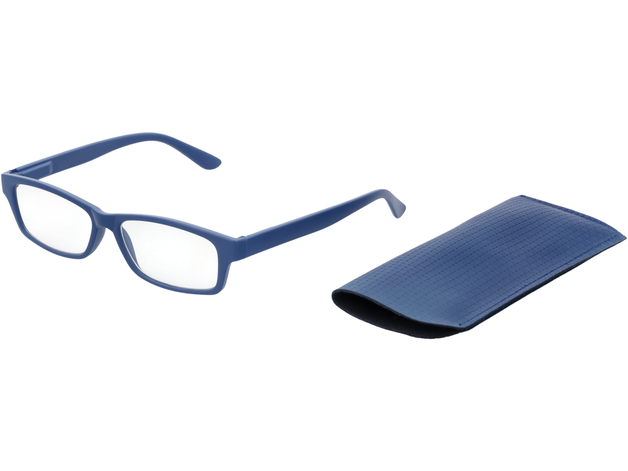 Blue reading glasses with a matching soft case