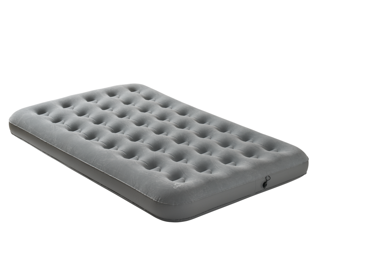 Grey inflatable air mattress with a textured surface and a valve on the side.