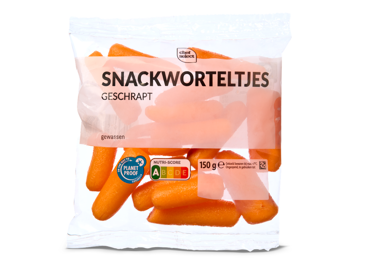 Chef Select: 150g geschrapte snackworteltjes, klaar om te eten.