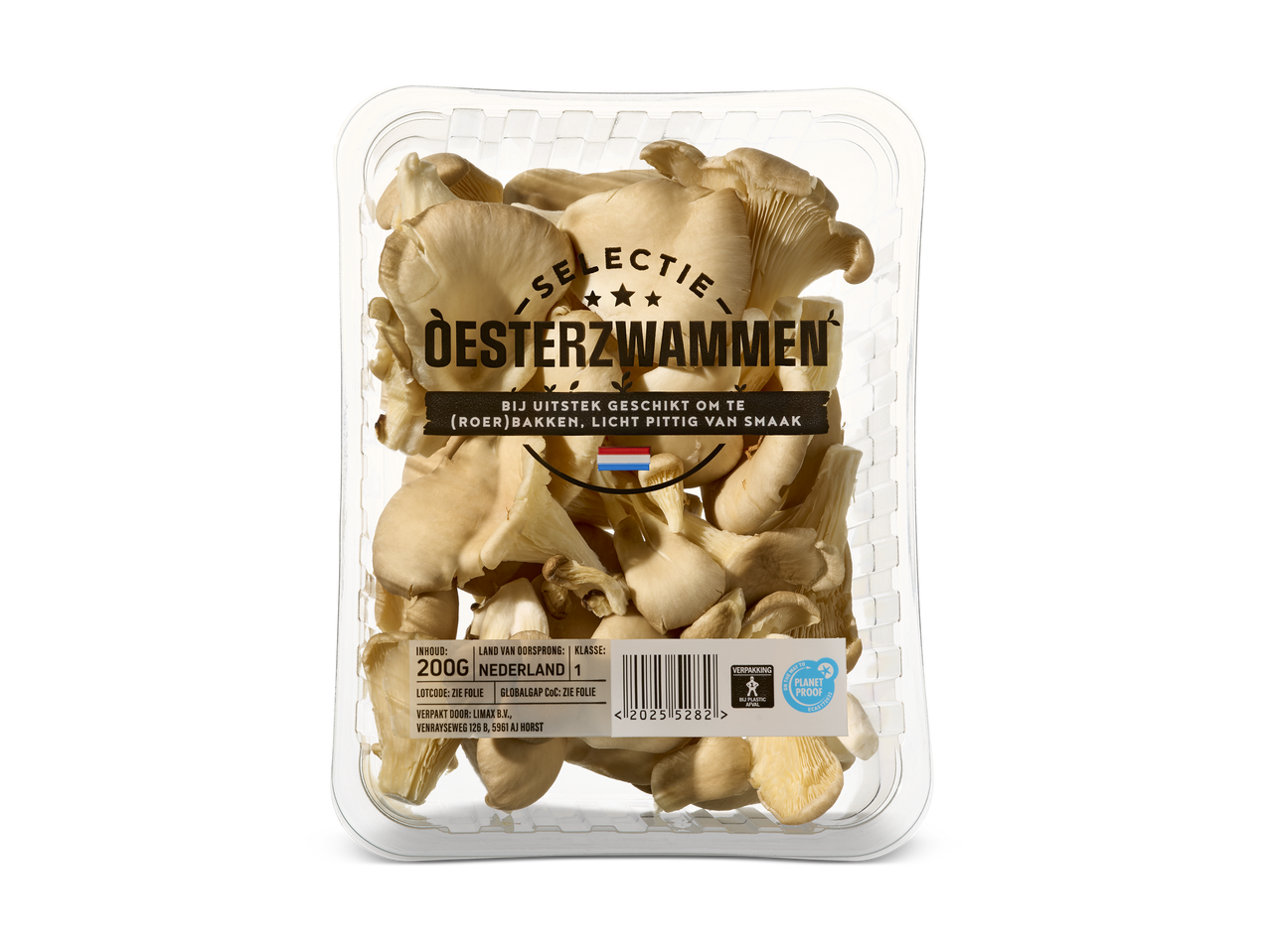 Verpakking met oesterzwammen, geschikt om te bakken, licht pittig van smaak, 200g uit Nederland.