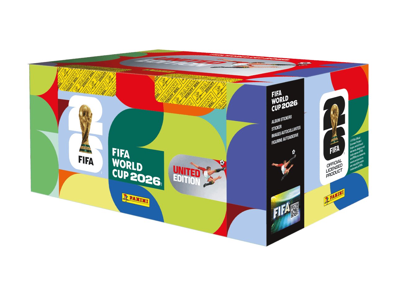 Schachtel mit Stickern und Alben zur Fußball-Weltmeisterschaft 2026, limitierte Auflage.