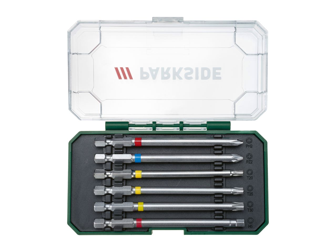 PARKSIDE screwdriver bit set with various PH, PZ, T, and H bits in a clear case.