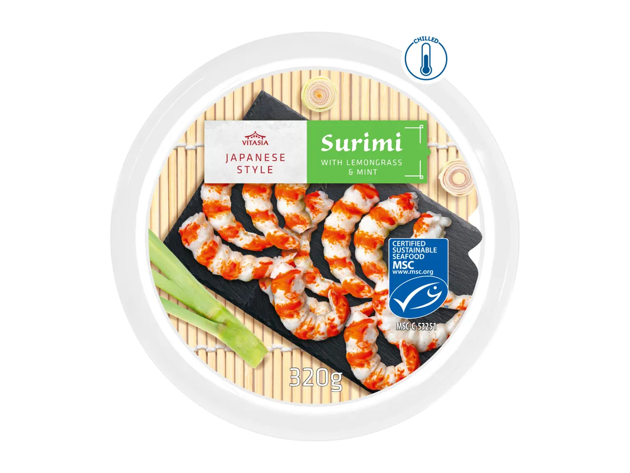 Japanese-style surimi with lemongrass and mint, 320g, chilled, certified sustainable seafood.