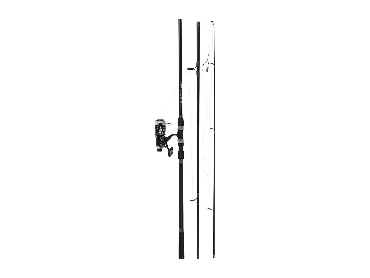 Fishing rod with reel, line, and hook, disassembled into three sections.