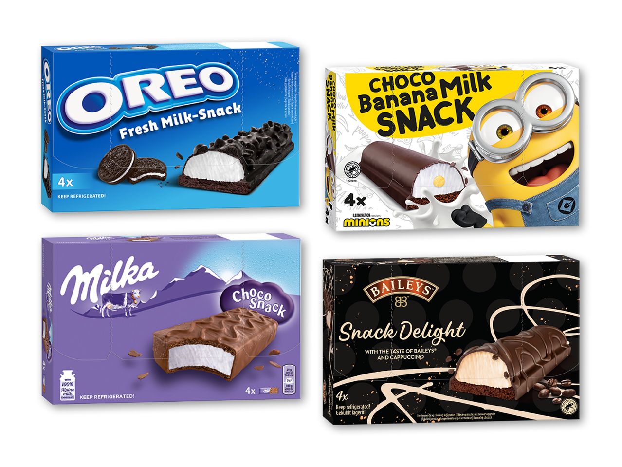 Fire pakker med kølesnacks: en med chokolade- og mælkesmag, en med banan- og chokoladesmag, en med chokoladesmag og en med Baileys- og cappuccinosmag.
