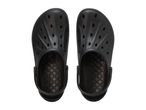 Pair of black clogs with ventilation holes and textured insoles.