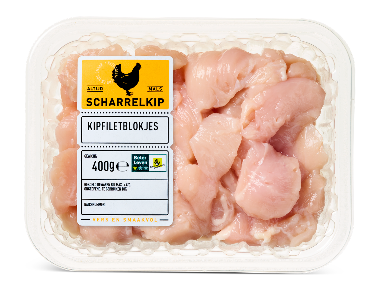 400g Scharrelkip kipfiletblokjes in een plastic bakje.