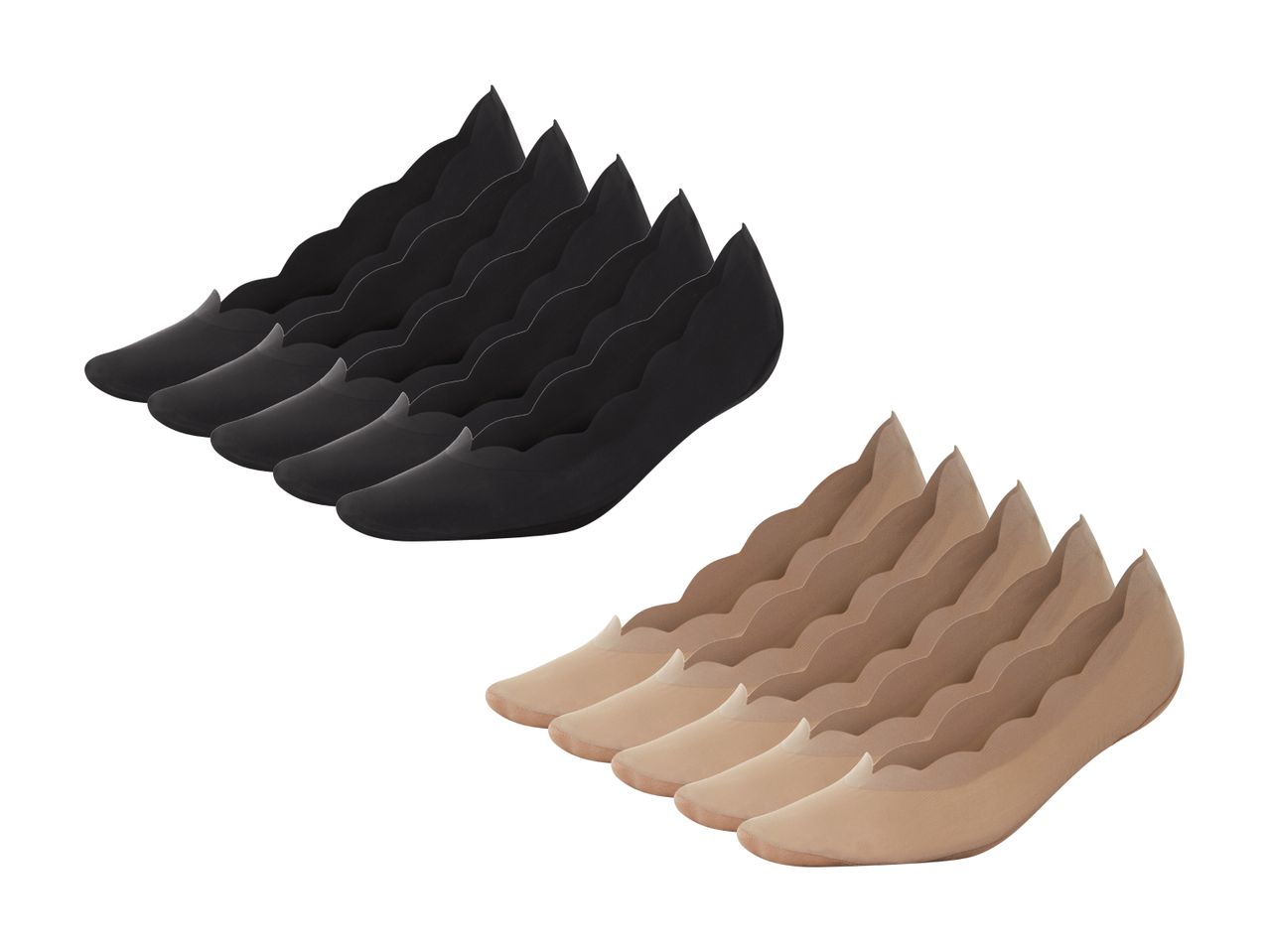 Sechs Paar unsichtbare Socken, drei schwarze und drei beige, in zwei Reihen angeordnet.