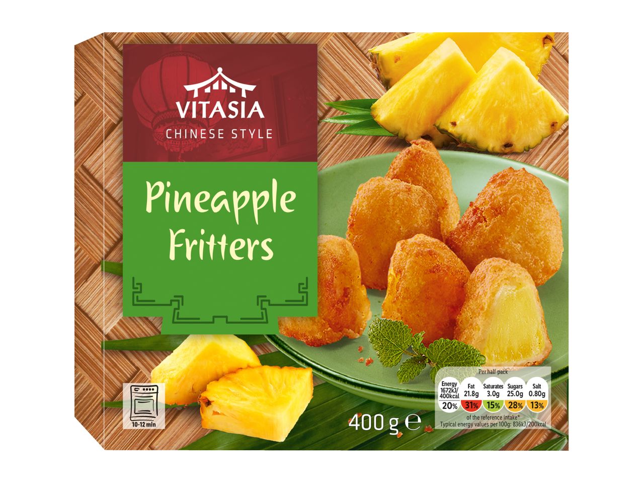 Chinese style pineapple fritters with nutritional information and cooking instructions.