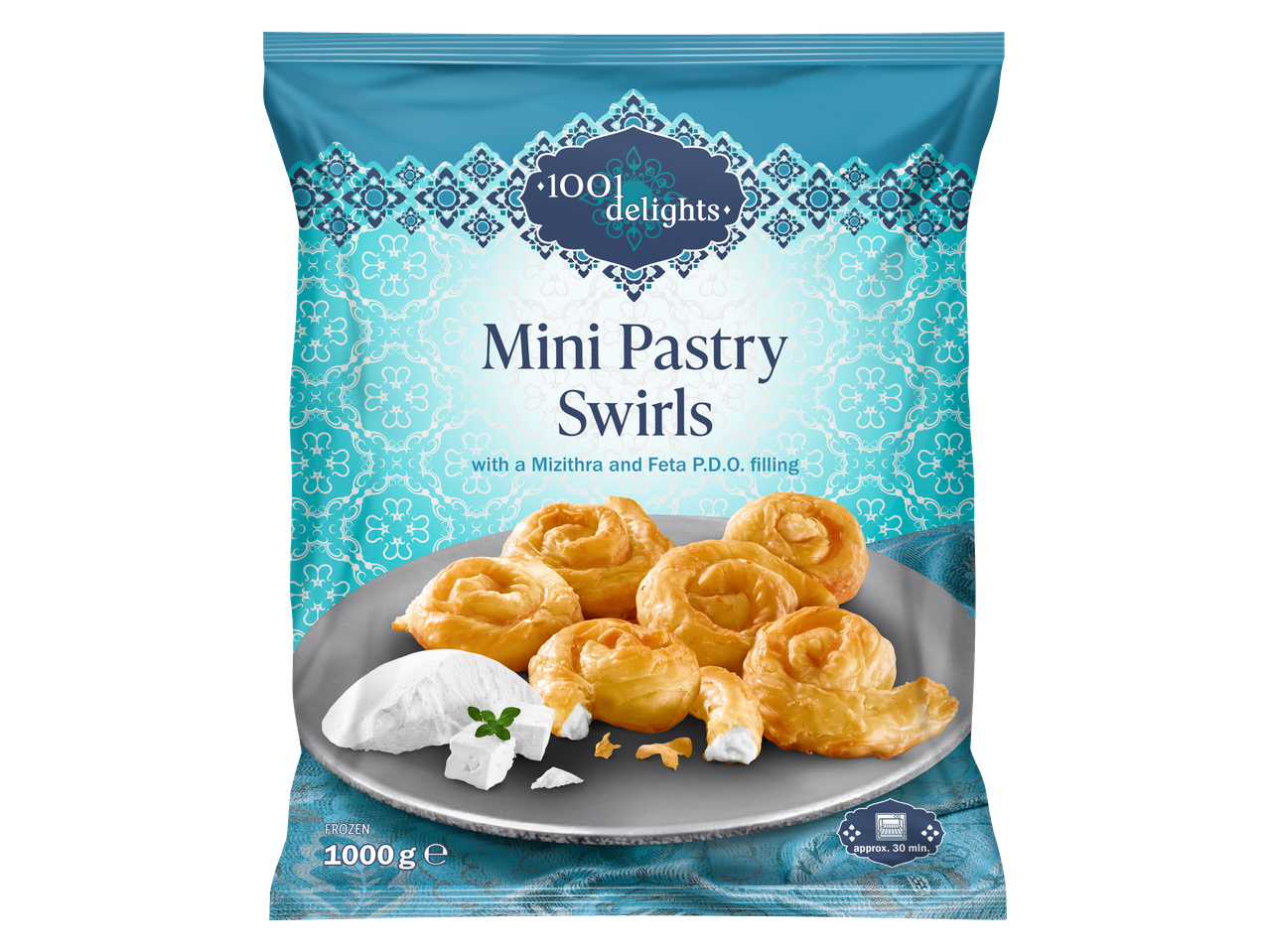 1001 DELIGHTS Mini Pastry Swirls with Mizithra and Feta P.D.O. filling, frozen, 1000g.