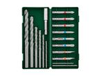 A drill and screwdriver bit set in a green case, featuring various sizes of drill bits and screwdriver bits.