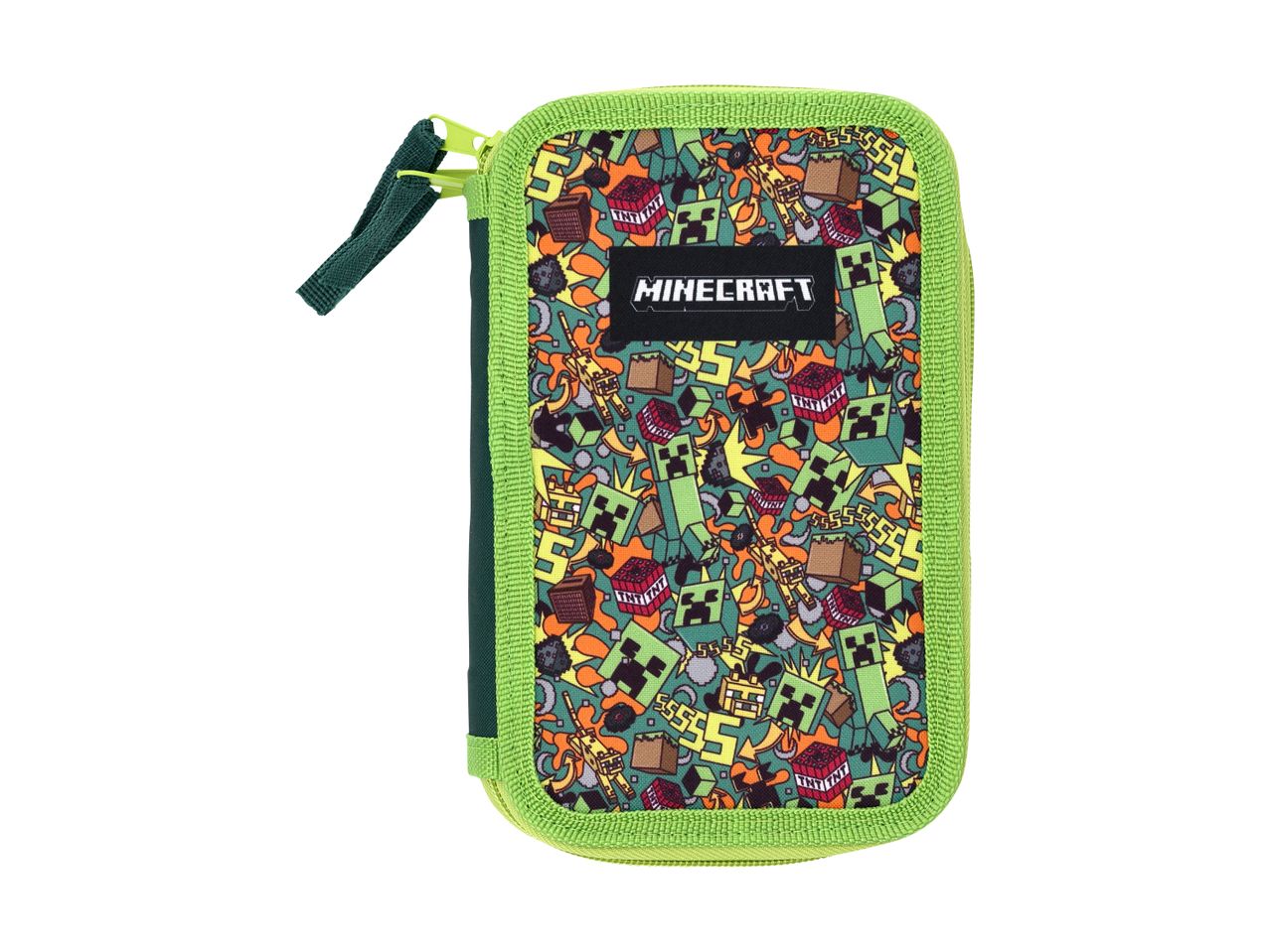 Minecraft penalhus med grønt lynlås og mønster af Creeper-ansigter og TNT-blokke.