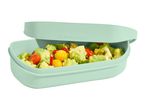 Light green food container with lid, filled with colorful vegetables like Romanesco broccoli and tomatoes.