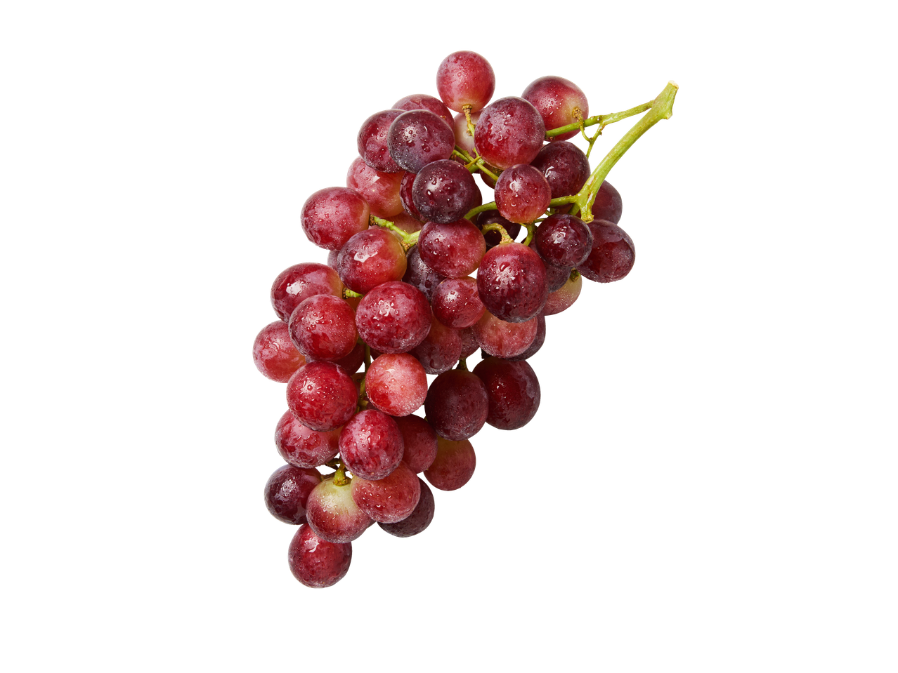 Cacho de uvas vermelhas frescas sem sementes com gotas de água.