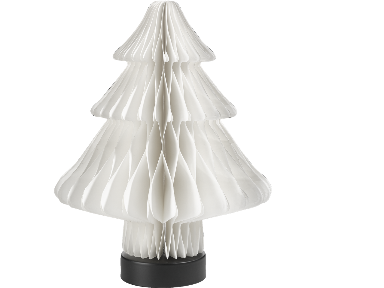 Vit dekorativ julgran av veckat papper, på en svart bas.