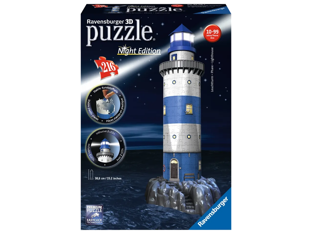 Ravensburger 3D dėlionė Night Edition švyturys su 216 detalių ir LED apšvietimu.