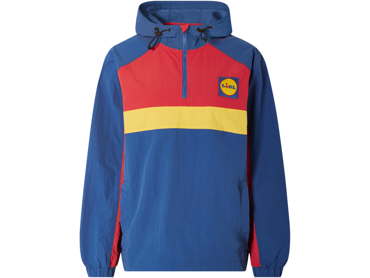 Lidl jas in blauw, rood en geel met capuchon.