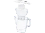 Exploded view of a Brita water filter jug with its lid, filter, and pitcher separated.