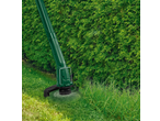 PARKSIDE® 300W Electric Lawn Trimmer cutting grass next to a green hedge.