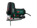 A green and black Parkside jigsaw with a wood-cutting blade.