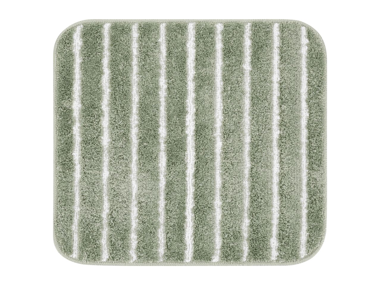 Green bath mat with white stripes and rounded corners.