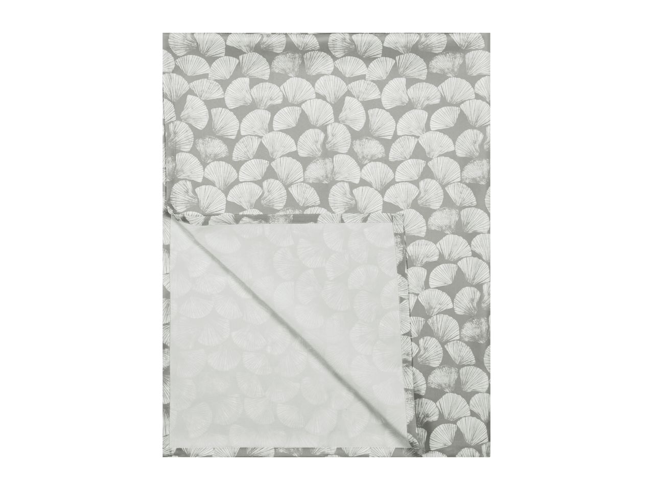 Grey tablecloth with a white seashell pattern, folded to show the reverse side.