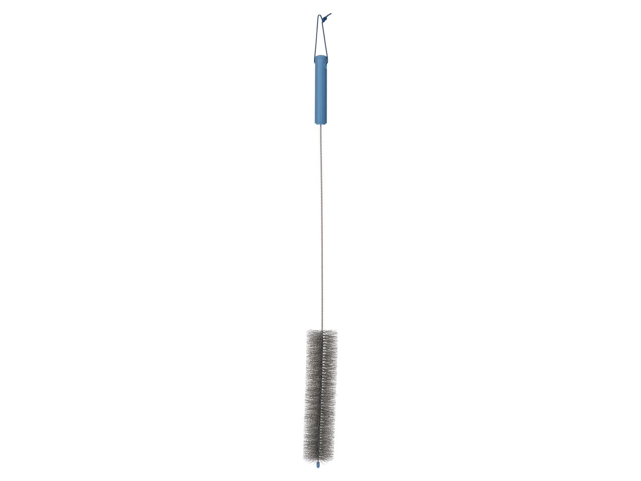Brosse de nettoyage avec poils métalliques et manche bleu.