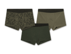 Drei Herren-Boxershorts in Olivgrün: eine mit Graffiti-Muster, zwei einfarbig.