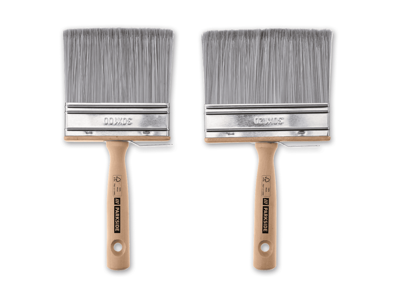 Zwei Parkside Pinsel mit Holzgriffen, einer 30x100 und der andere 30x120.