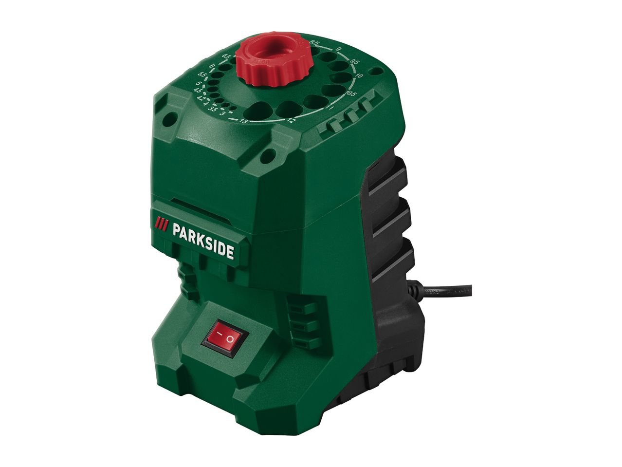 Drill bit sharpener with a red dial for adjusting drill bit sizes from 3 to 13 mm.