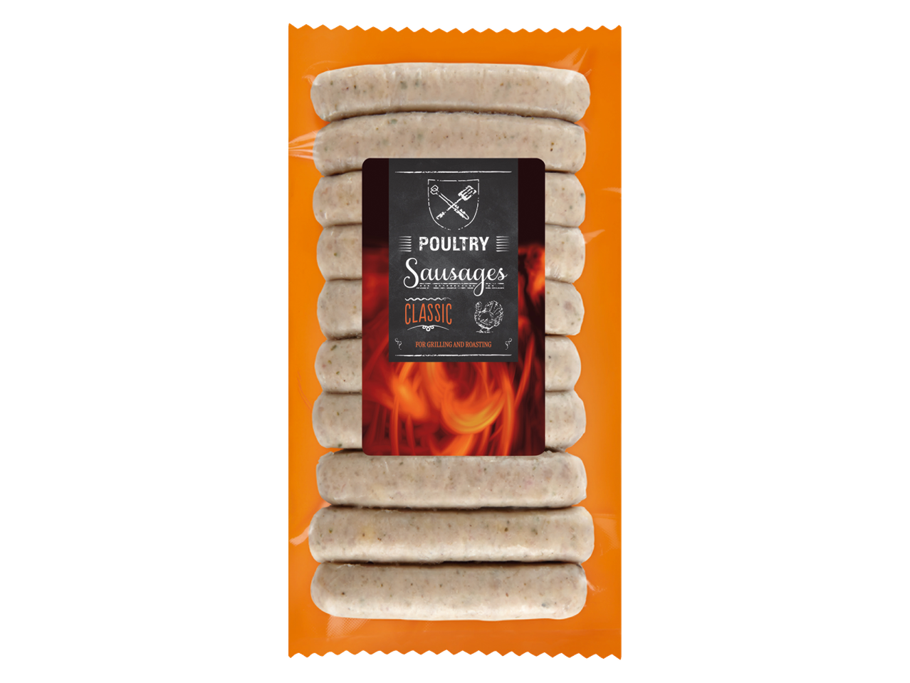 Klasiskās vistas desas, iepakotas grilēšanai un cepšanai.