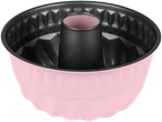 Moule à gâteau bundt rose avec revêtement antiadhésif et tube central.