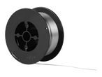A spool of silver welding wire on a black plastic reel.