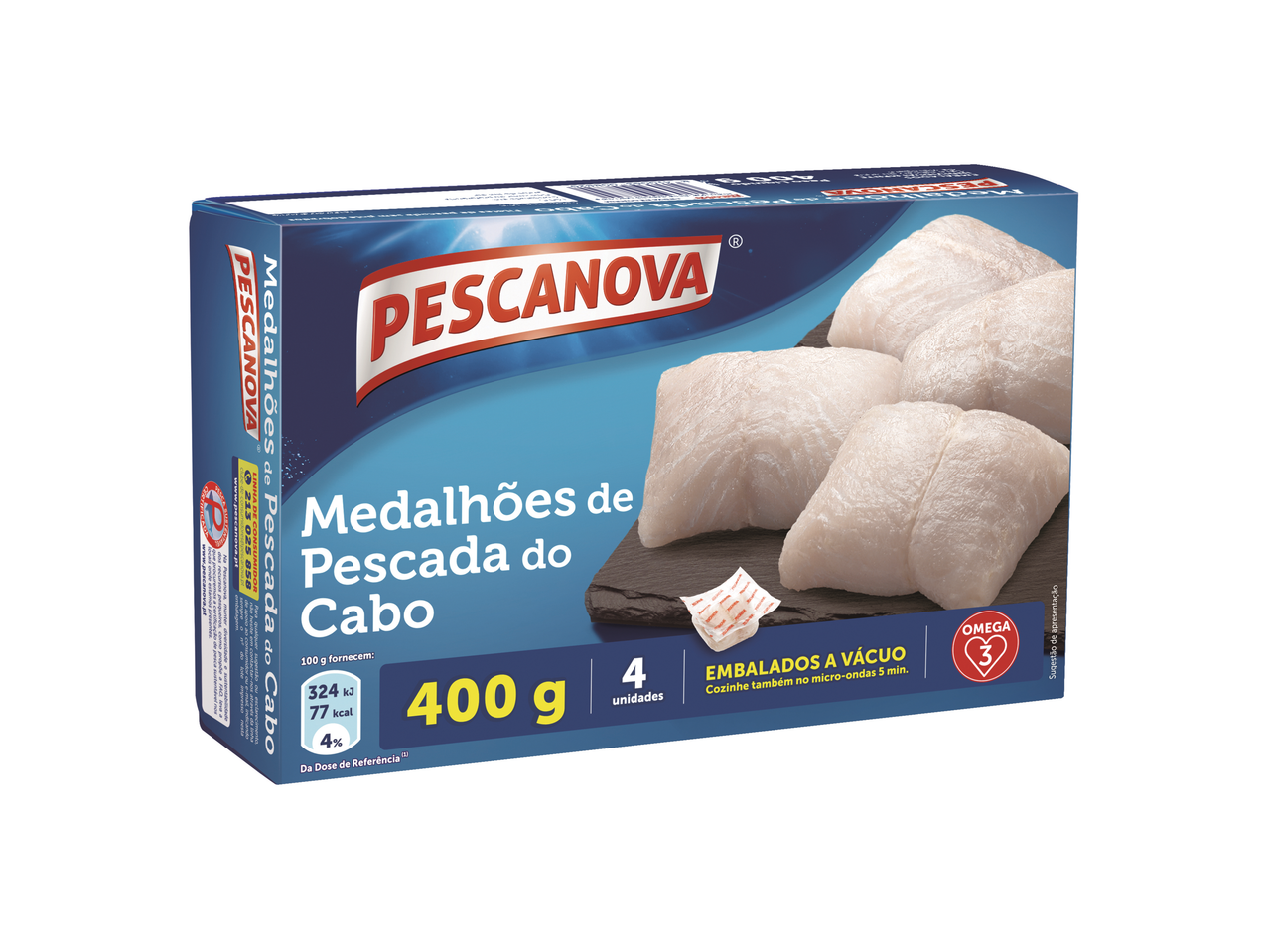 Medalhões de pescada do Cabo Pescanova, 400g, embalados a vácuo.