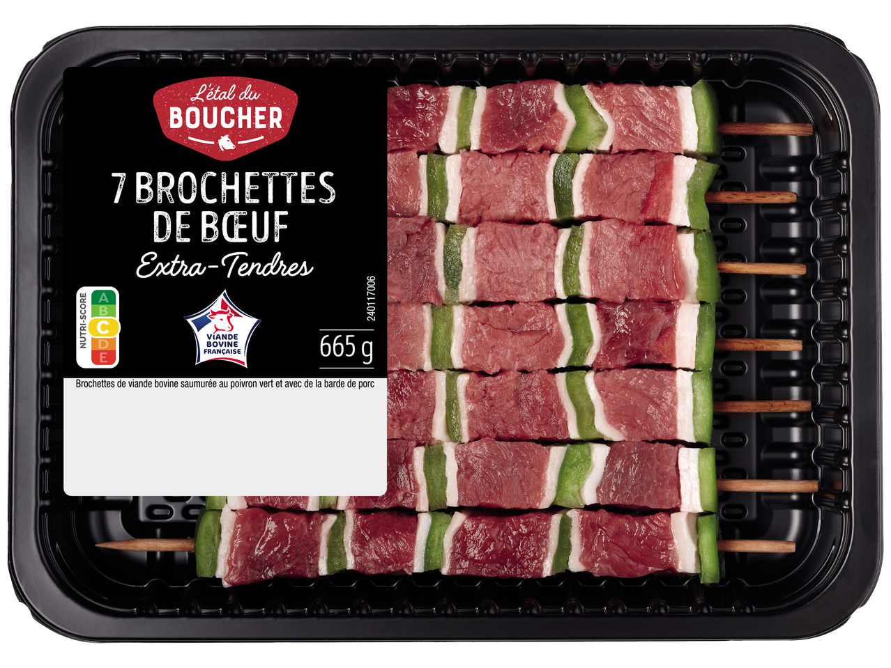 Brochettes de bœuf extra-tendres avec poivron vert et barde de porc, 665g, Nutri-Score C.