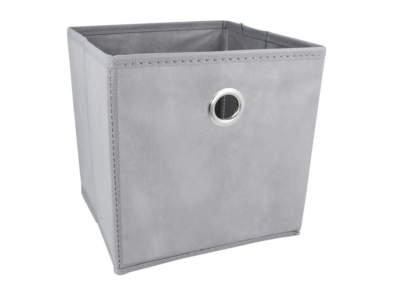 A gray fabric storage cube with a metal handle.