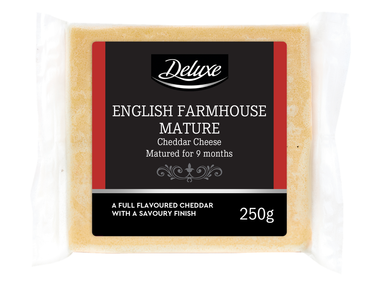 Ambalaj de brânză Cheddar maturată Deluxe English Farmhouse, 250g.