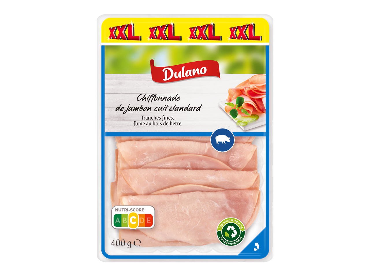 Jambon cuit standard en chiffonnade, tranches fines fumées au bois de hêtre, format XXL, Nutri-Score C.