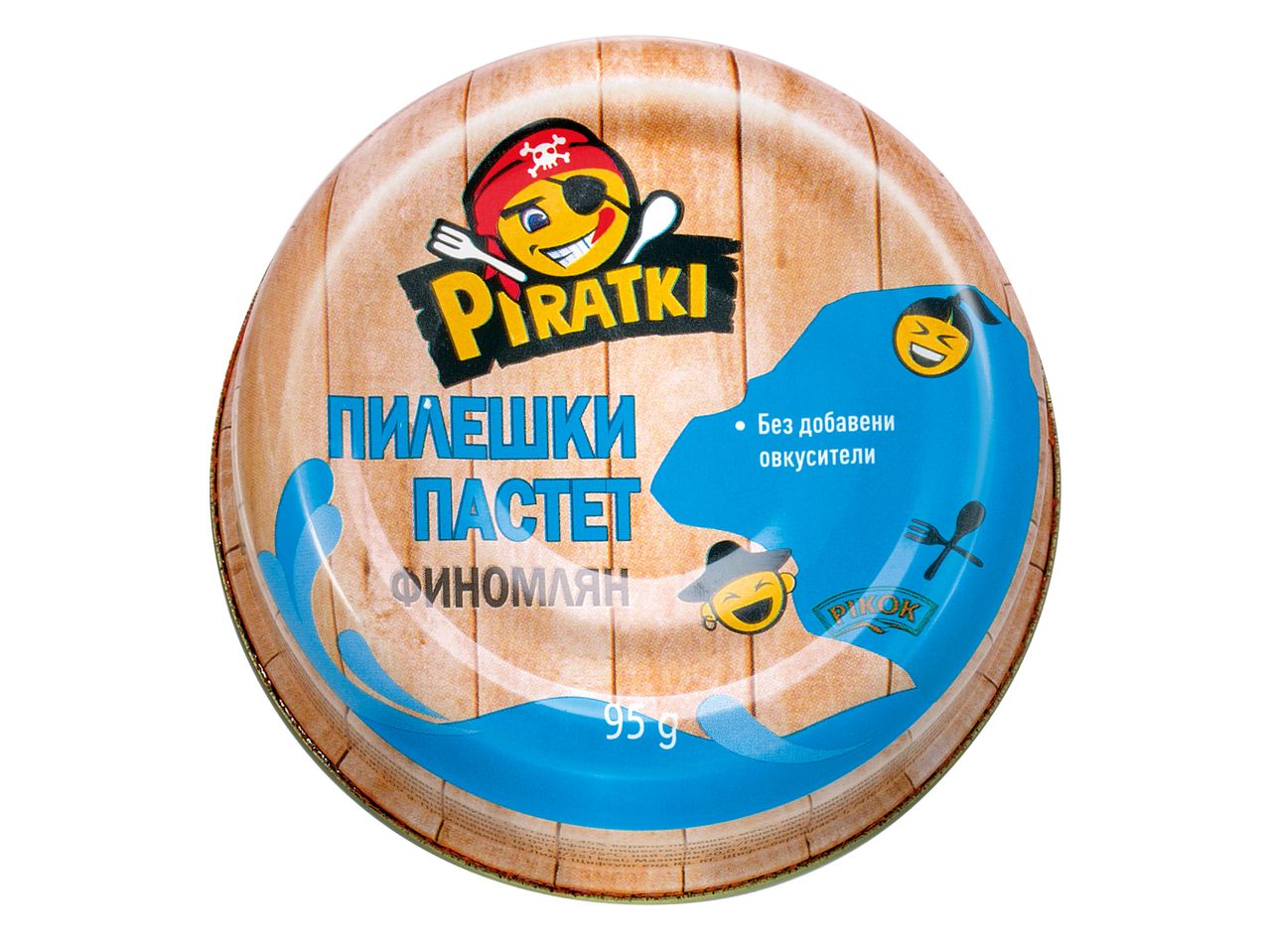 Кръгла консерва с пилешки пастет Piratki, с пиратско лого и син дизайн.